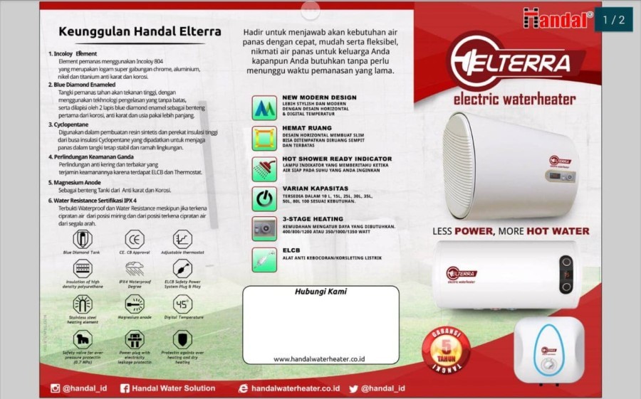Pemanas Air / Water Heater Handal Elterra HE-30 ET - 30 Liter